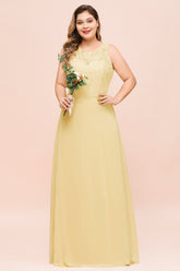 Plus Size Chiffon Jewel Daffodil Long Wedding Guest Dress with Lace