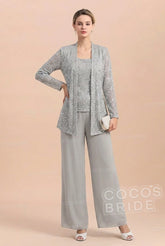 Long Sequined Chiffon Pantsuits for the Mother of the Bride with Jacket