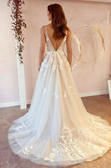 Long V-neck A-Line Floor Length Tulle Floral Lace Wedding Dress