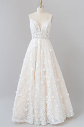 Long V-neck Appliques Lace A-line Tulle Open Back Wedding Dress