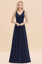 Long V-neck Sleeveless Chiffon A-line Dark Navy Bridesmaid Dress