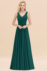 Long V-neck Sleeveless Chiffon A-line Peacock Bridesmaid Dress