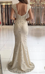 Long V-neck Wide Straps Beading Floor Length Mermaid Prom Dress