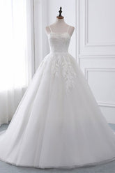 Long White Spaghetti Strap Tulle Ball Gown Wedding Dress