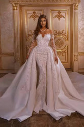 Luxurious Long Mermaid Sweetheart Satin Sweep Train Floral Appliques Wedding Dress with Sleeves