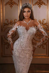 Luxurious Long Mermaid Sweetheart Satin Sweep Train Floral Appliques Wedding Dress with Sleeves