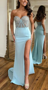 Long Sweetheart Mermaid Long Satin Beaded Prom Dress with Slit
