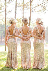 Mermaid Sparkly Sequins Scoop Short Sleeves Floor Length Bridesmaid Dresses