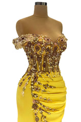 Mermaid Strapless Off the Shoulder Satin Beading Long Prom Dress with Split