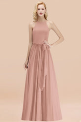 Elegant Long A-line Halter Chiffon Dusty Rose Bridesmaid Dress