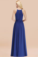Modest Long A-line Halter Chiffon Bow Royal Blue Bridesmaid Dresses
