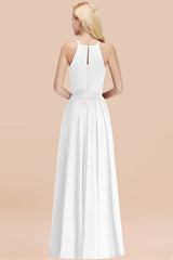 Modest Long A-line Halter Chiffon Bow White Bridesmaid Dresses