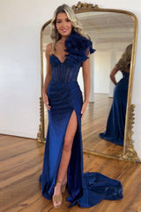 Long One Shoulder Mermaid Train Prom Dress with Slit