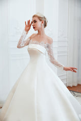 Long Ball Gown Off The Shoulder Lace Satin Wedding Dress with Sleeves