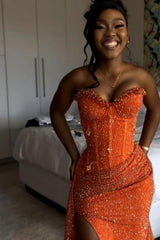 Orange Sweetheart Long Mermaid Prom Dress with High Slit