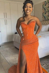 Orange Sweetheart Long Mermaid Prom Dress with High Slit