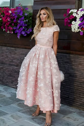 Pink Flowers Jewel A-Line Tea Length Prom Party Dress