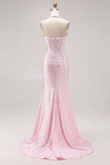 Long Pink Sleeveless Halter Sequined Mermaid Prom Dress