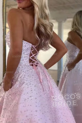 Pink Strapless Sleeveless A-line Long Pearled Prom Dress