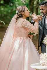 Plus Size Long A-line Scoop Satin Lace Wedding Dress with Sleeves