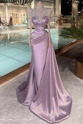 Purple Long Sleeves Long Mermaid Formal Dress with Rhinestones