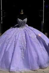 Purple Strapless Ball Gown Quinceanera Dress with Lace Applique