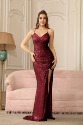 Sexy Glitter Long Mermaid V-Neck Sequin Backless Prom Dresses with Slit