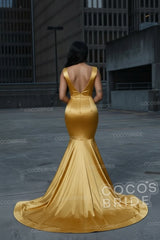 Sexy Gold V-neck Satin Long Mermaid Prom Dress with Beads