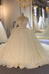 Shinny Long Sleeves Ball Gown Sweetheart Wedding Dresses with Beading