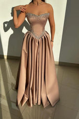 Sleeveless Strapless A-line Long Prom Dress with Rhinestones
