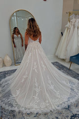 Long A-line V-neck Spaghetti Straps Tulle Appliques Lace Backless Wedding Dresses