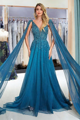 Sparkle Long Tulle V-Neck A-Line Formal Evening Dress with Beads