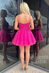Sparkly Fuchsia Beaded A-Line Short Tulle Homecoming Dress