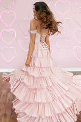 Pink Long Off-the-Shoulder A-line Prom Dress with Beading