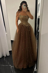 Elegant Strapless A-line Tulle Prom Dress with Beads