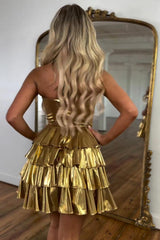 Sweetheart Gold A-Line Ruffle Party Gowns Homecoming Dress