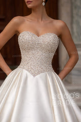 Vintage Strapless Long Satin A-line Wedding Dress with Beaded