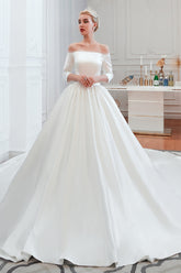White Long Ball Gown Off Shoulder Lace-up Satin Wedding Dress with Sleeves