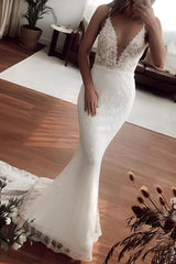 White Long Mermaid V-neck Brush Train Lace Tulle Sleeveless Wedding Dresses