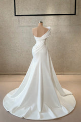 White One Shoulder Ruffles Satin Long Formal Dress