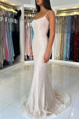 White Spaghetti Straps Sequined Mermaid Evening Dress