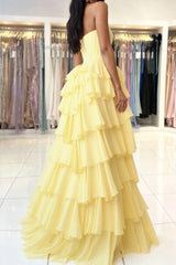 Yellow Strapless High Slit A-line Prom Dress with Ruffles
