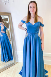 Long Saitn Off the Shoulder Sweetheart A-line Prom Dress With Pockets