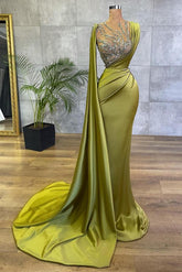 Simple Long Mermaid Bateau Sleeveless Beded Ruffles Formal Dress