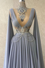 Long A-line V-neck Beading Chiffon Formal Prom Dresses