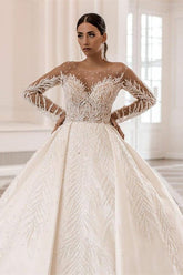 Gorgeous Long Sleeves Bateau Crystal Pearl Ball Gown Satin Wedding Dress