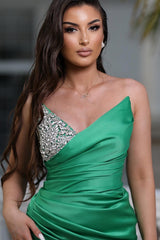 Chic Long Strapless V-neck Satin Mermaid Floor Length Prom Dress with Split Front