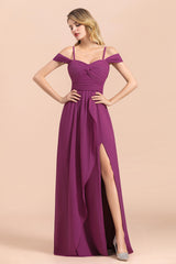 Long Off the Shoulder A-Line Chiffon Wedding Guest Dress With Side Slit