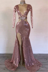 Long Sleeves Mermaid V-neck Sequined Prom Dress with Slit