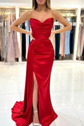 Simple Long Mermaid Sweetheart Satin Formal Prom Dresses with Slit